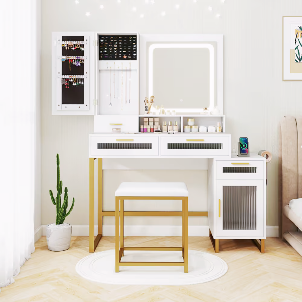 White and gold makeup vanity desk set with LED mirror, drawers, stool, charging ports and hairdryer hook