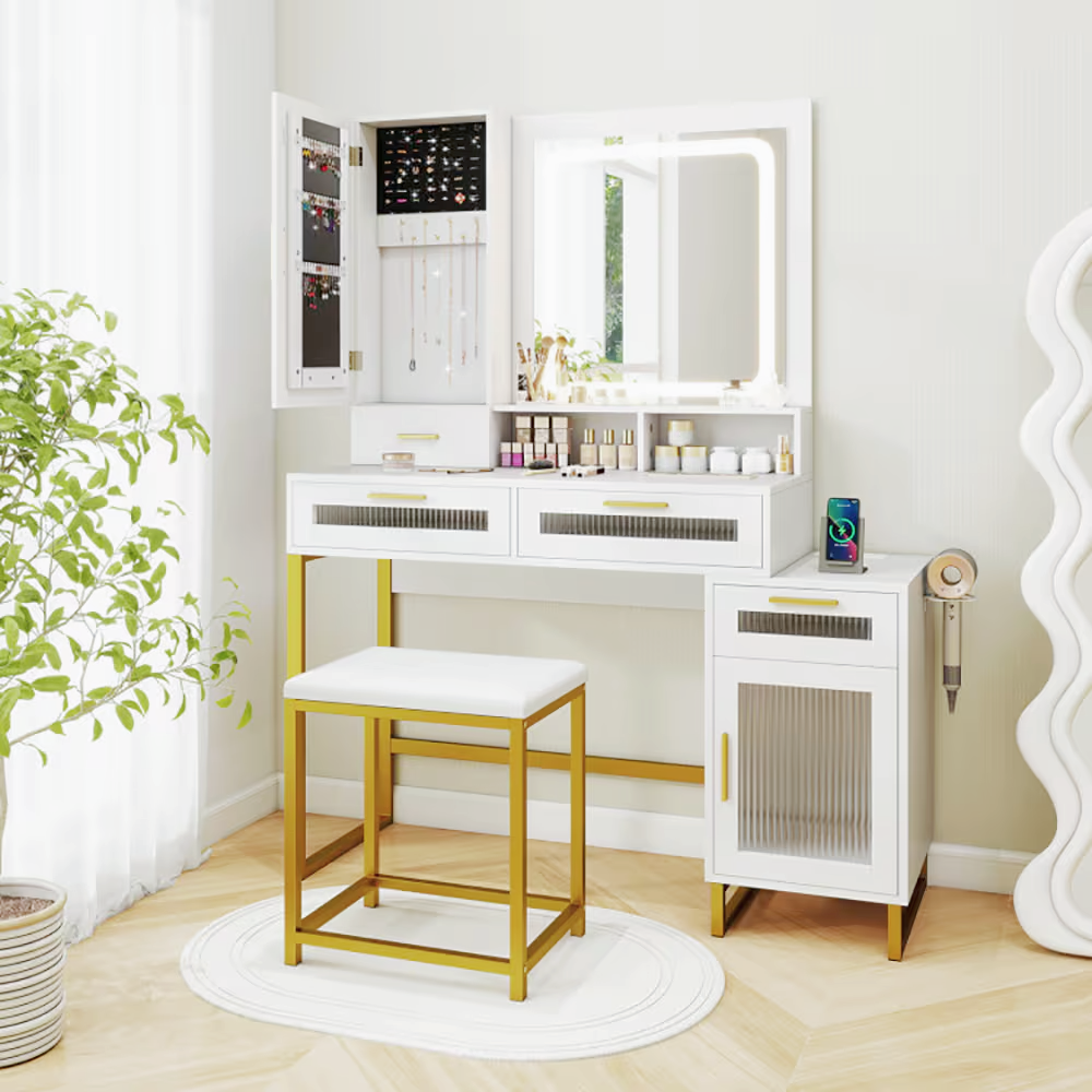 White and gold makeup vanity desk set with LED mirror, drawers, stool, charging ports and hairdryer hook
