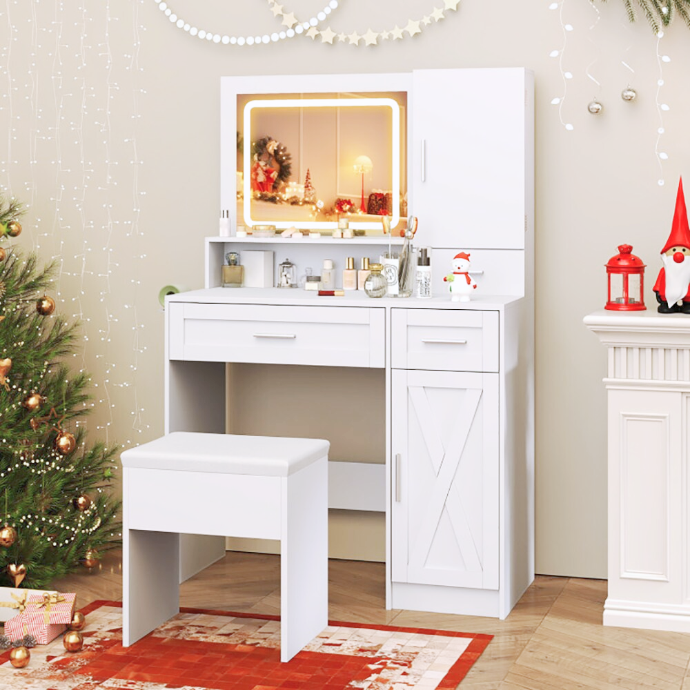 White LED lighted makeup vanity table set with mirror, drawers, stool, and built‑in charging ports