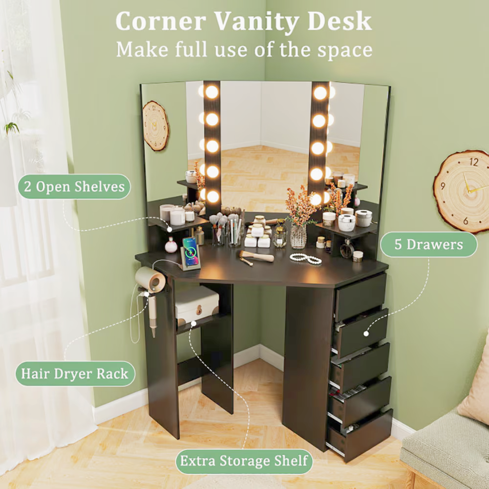 Hollywood‑inspired corner vanity desk with LED mirror, power outlets, drawers and hairdryer rack.