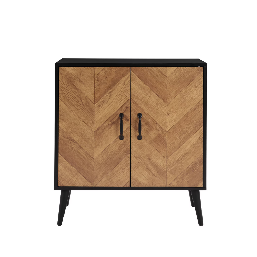 Modern black and wood herringbone storage cabinet with double doors for entryway or kitchen organization.