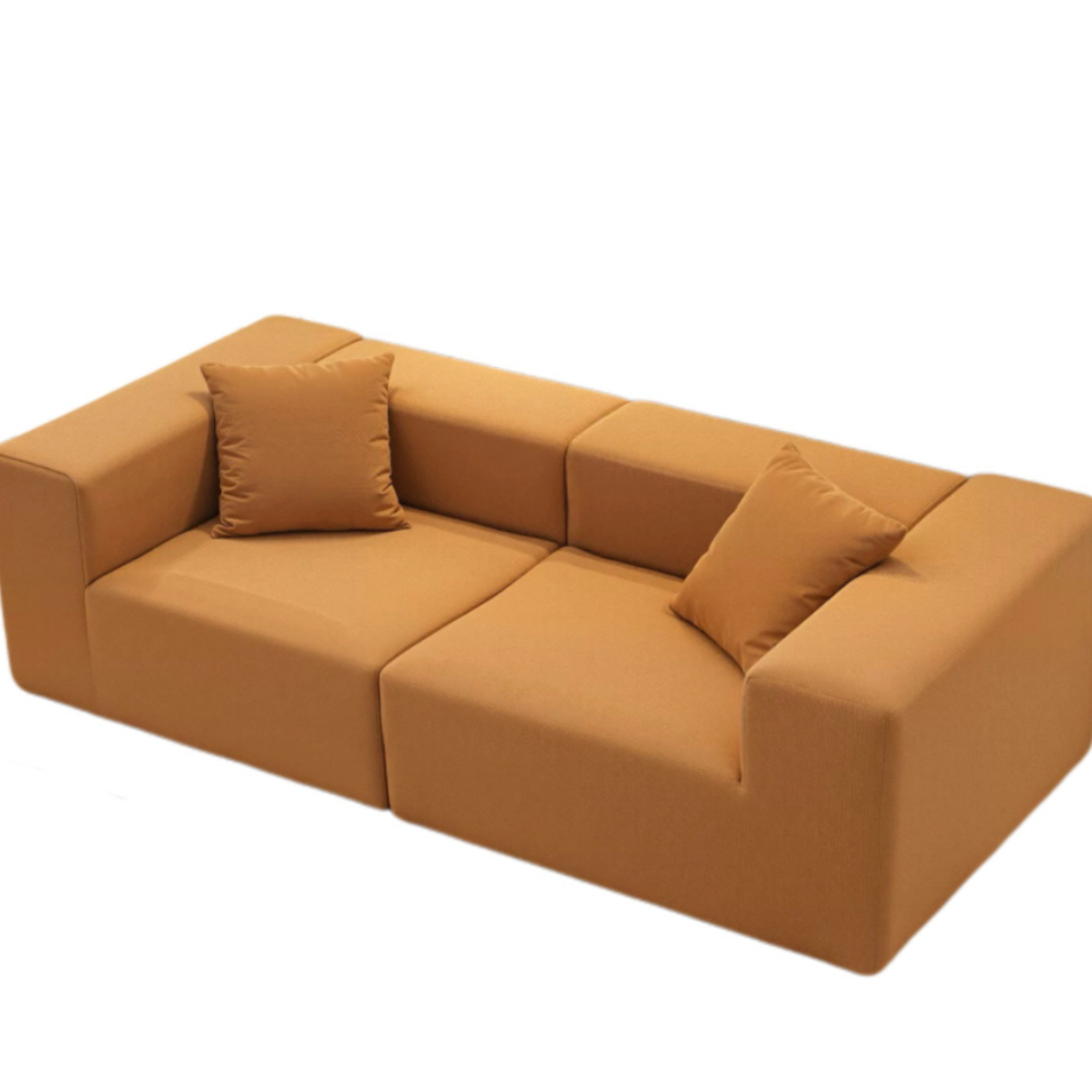 Fully Compressed Large Sofa modular sectional in corduroy or linen, earthy tone, modern minimalist design, deep seating, versatile layout, close-up of texture and stitching.