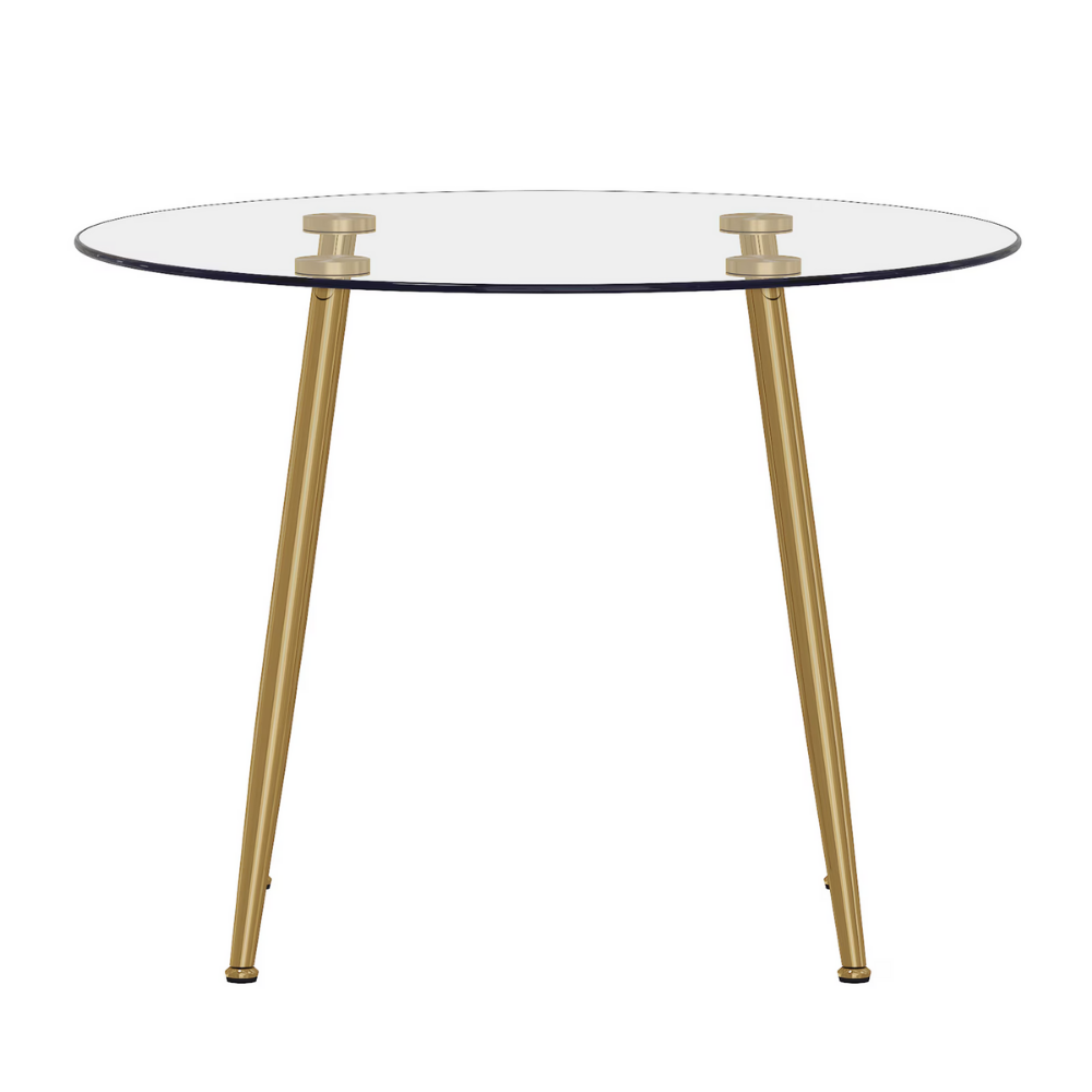 Modern round glass dining table with 39.7″ tempered glass top and slanted metal legs in silver or gold, minimalist space‑saving design, easy to clean.