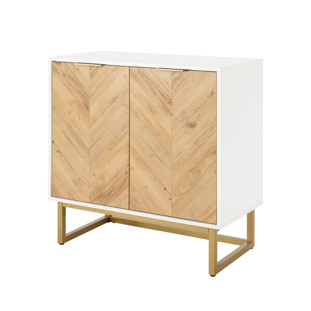 Modern white and gold herringbone pattern sideboard with adjustable storage and double doors for living room or entryway organization.