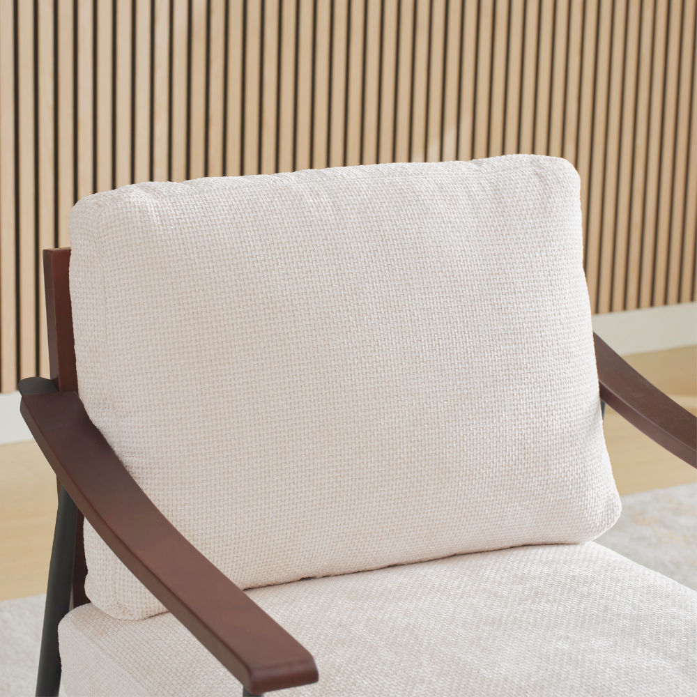 Modern linen fabric arm chair with wooden armrests and metal frame, perfect for living room décor.