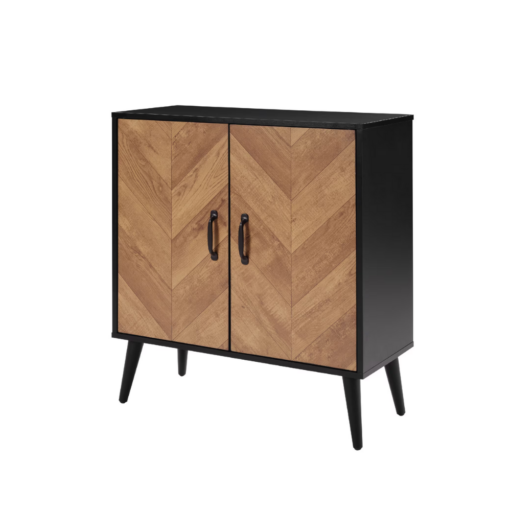 Modern black and wood herringbone storage cabinet with double doors for entryway or kitchen organization.