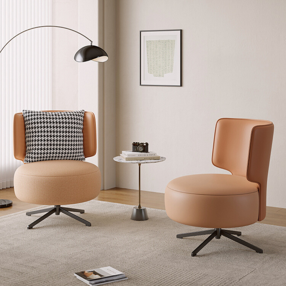 Minimalist curved swivel lounge chair in modern interior, featuring cozy cushioning and 360° rotation for small-space comfort.