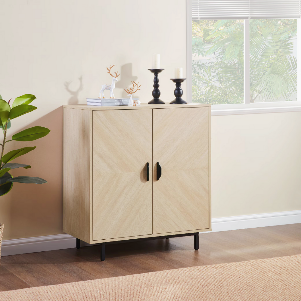 Modern light wood grain cabinet with double doors, metal legs, and adjustable shelf – perfect for living room, entryway, bedroom storage