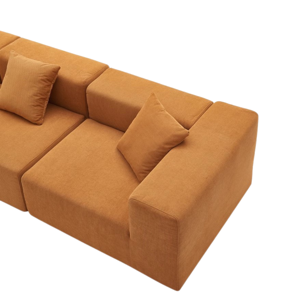 Fully Compressed Large Sofa modular sectional in corduroy or linen, earthy tone, modern minimalist design, deep seating, versatile layout, close-up of texture and stitching.