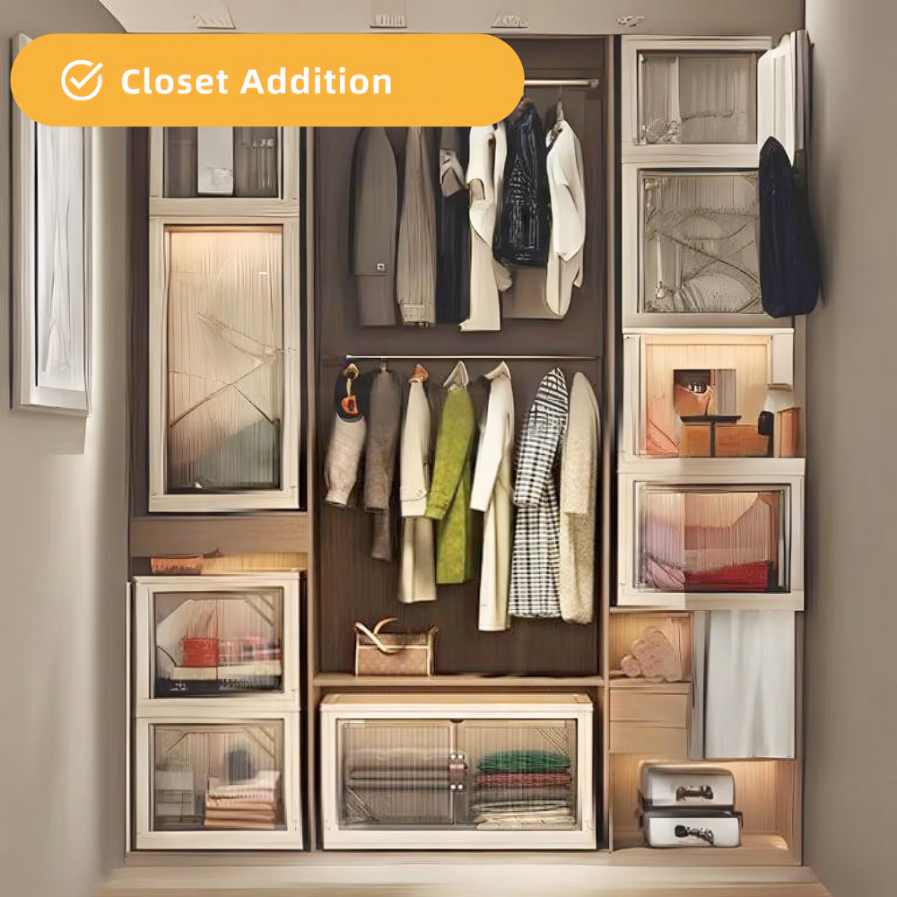Foldable polypropylene storage box with clear swing doors, 3‑tier 21.6‑inch wide mobile organizer on wheels for clothes, toys or kitchen essentials.
