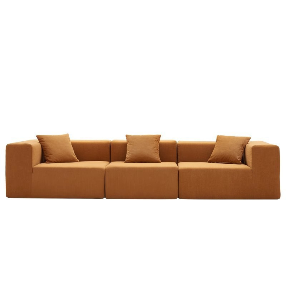 Fully Compressed Large Sofa modular sectional in corduroy or linen, earthy tone, modern minimalist design, deep seating, versatile layout, close-up of texture and stitching