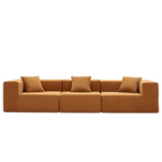 Fully Compressed Large Sofa modular sectional in corduroy or linen, earthy tone, modern minimalist design, deep seating, versatile layout, close-up of texture and stitching