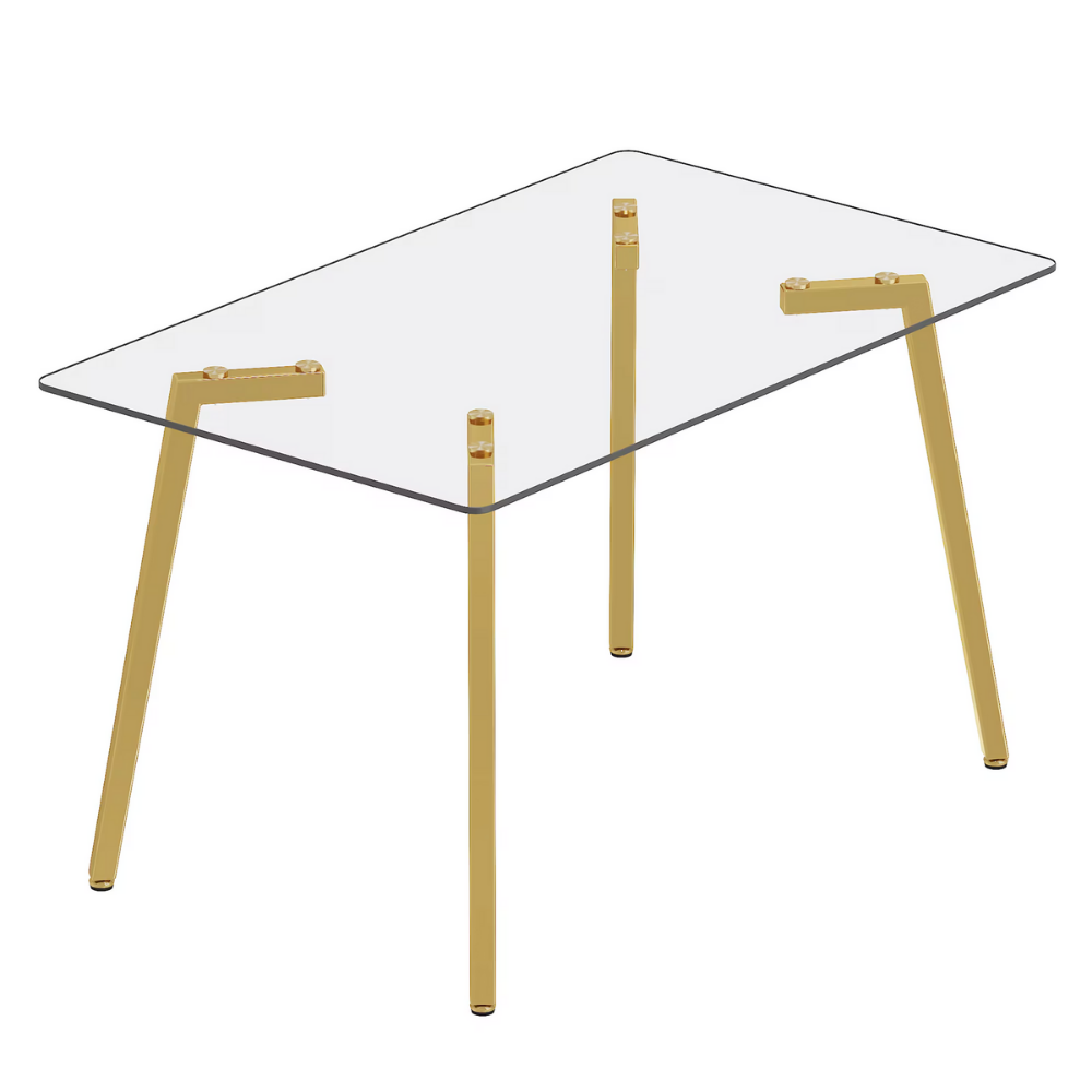 Modern glass dining table with clear tempered top and Z‑shaped metal legs in silver or gold, sleek minimalist design, easy clean, space‑saving.