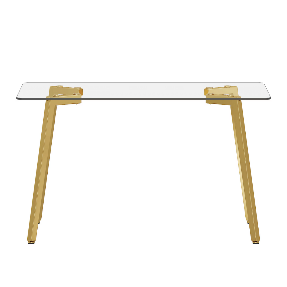 Modern glass dining table with clear tempered top and Z‑shaped metal legs in silver or gold, sleek minimalist design, easy clean, space‑saving.