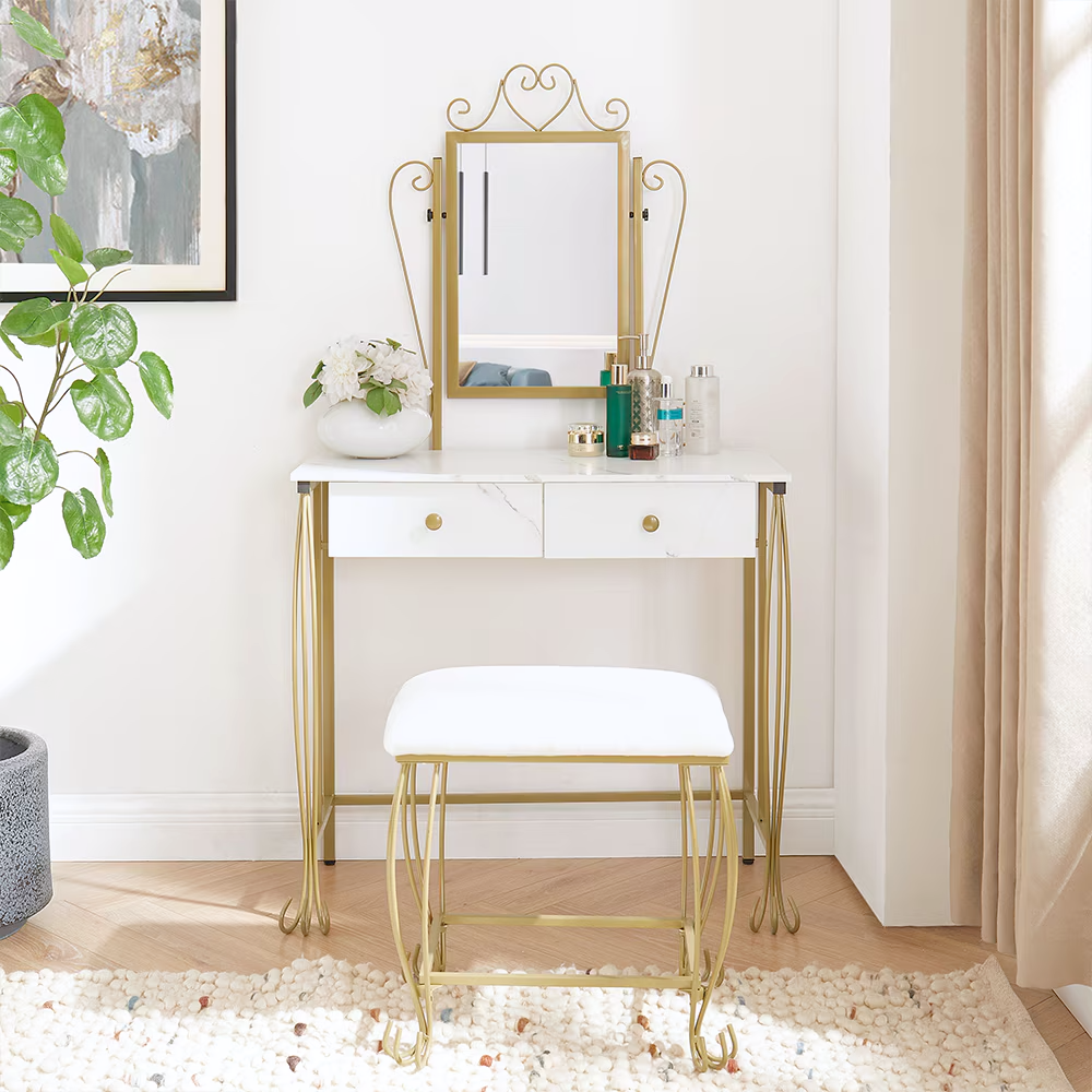 Elegant gold & white vanity desk with lighted mirror, dual drawers, cushioned stool—perfect for a glam makeup routine and chic bedroom décor.