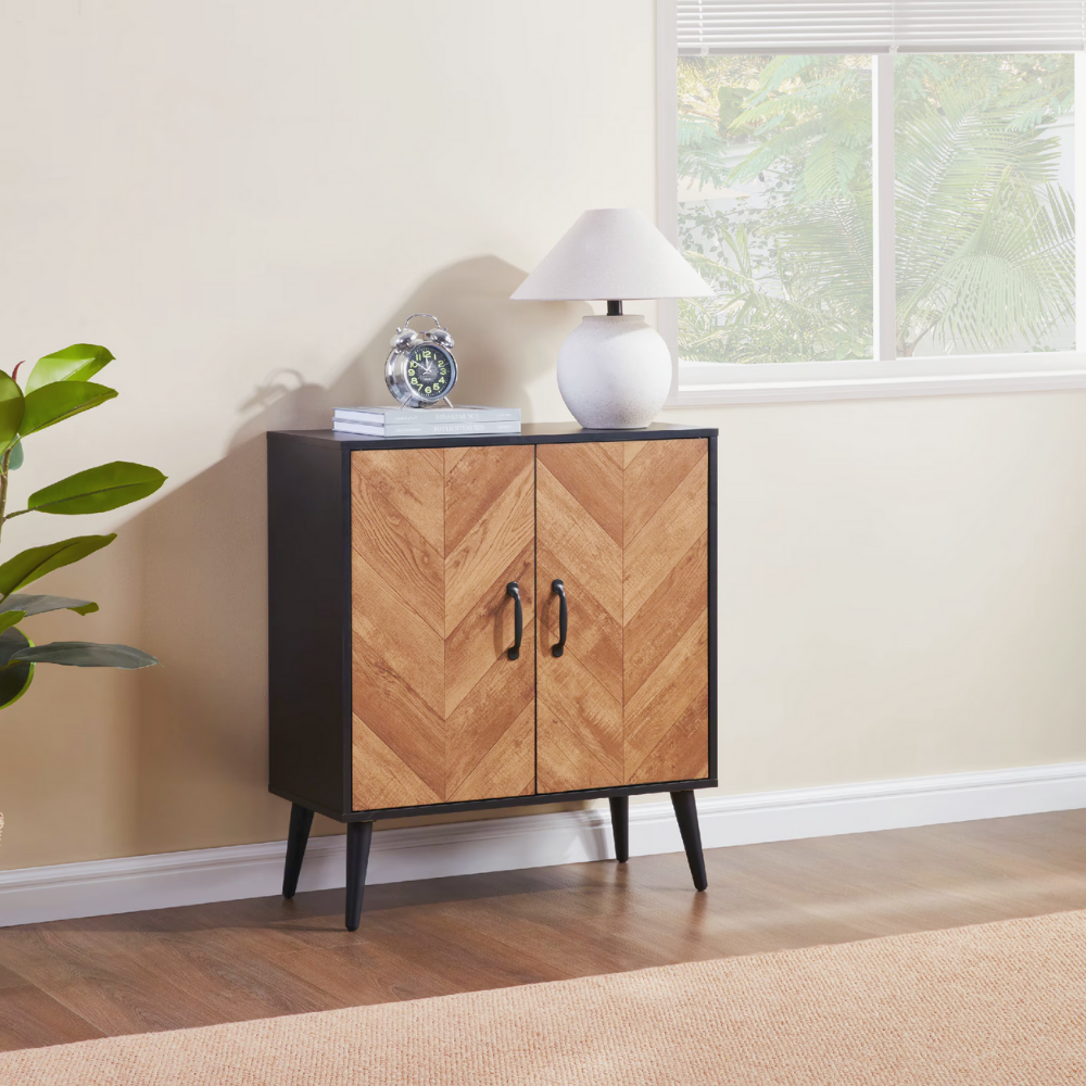 Modern black and wood herringbone storage cabinet with double doors for entryway or kitchen organization.