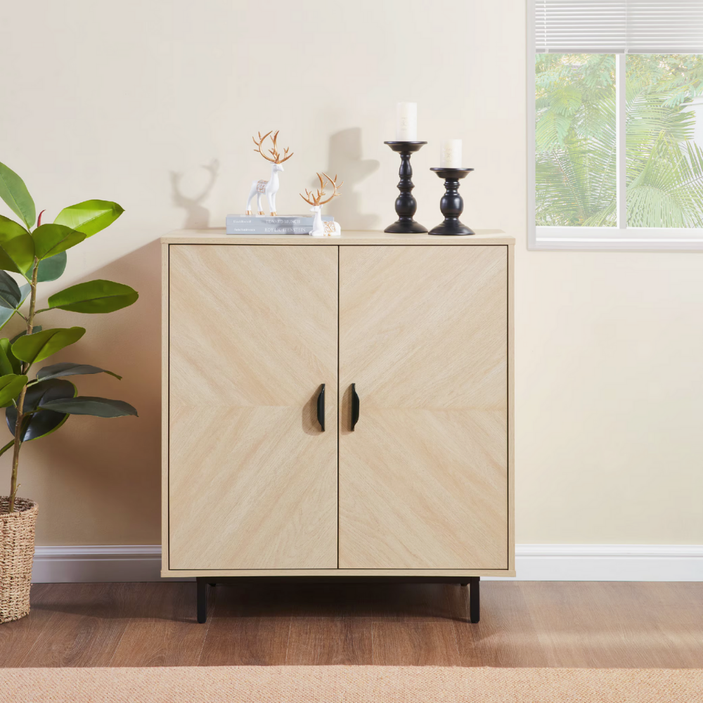 Modern light wood grain cabinet with double doors, metal legs, and adjustable shelf – perfect for living room, entryway, bedroom storage
