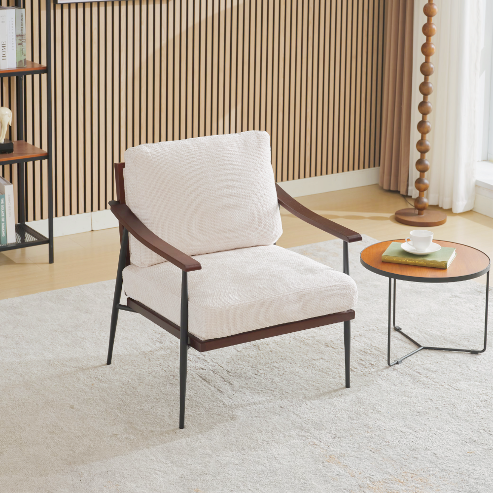 Modern linen fabric arm chair with wooden armrests and metal frame, perfect for living room décor.
