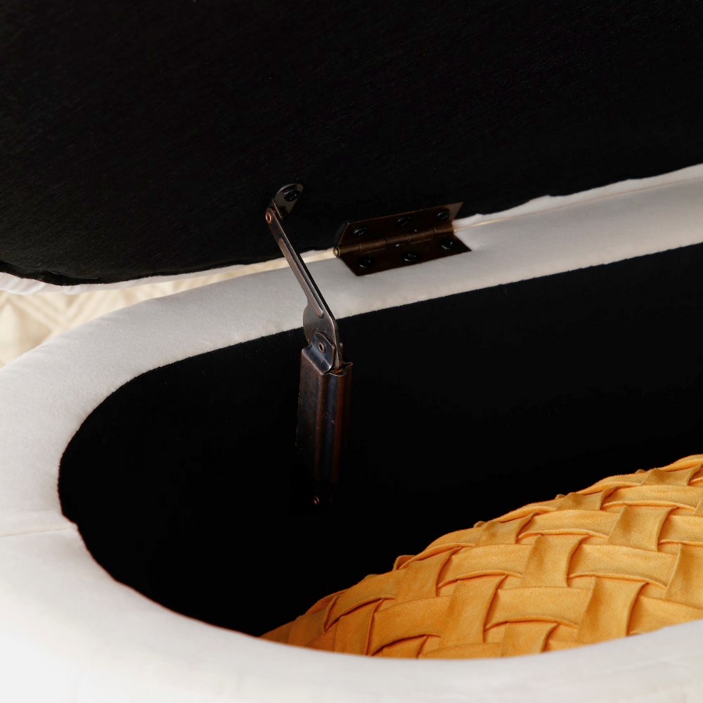 50″ velvet storage bench with oval upholstered seat, gold metal legs, hidden storage under lift‑top, modern end‑of‑bed accent piece.