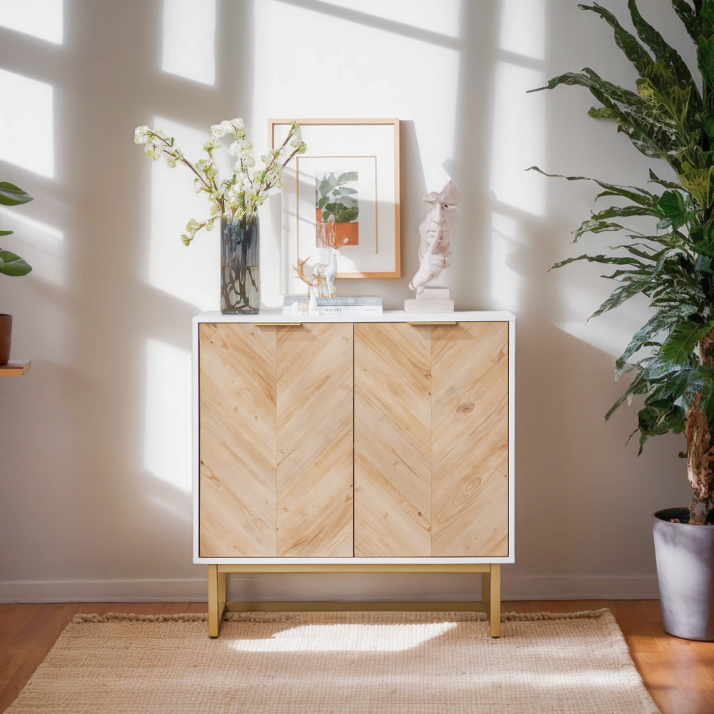 Modern white and gold herringbone pattern sideboard with adjustable storage and double doors for living room or entryway organization.