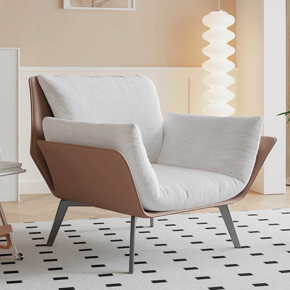 Homiyu modern wide arm accent chair with included lumbar pillow, choice of linen or corduroy upholstery in customizable colors.