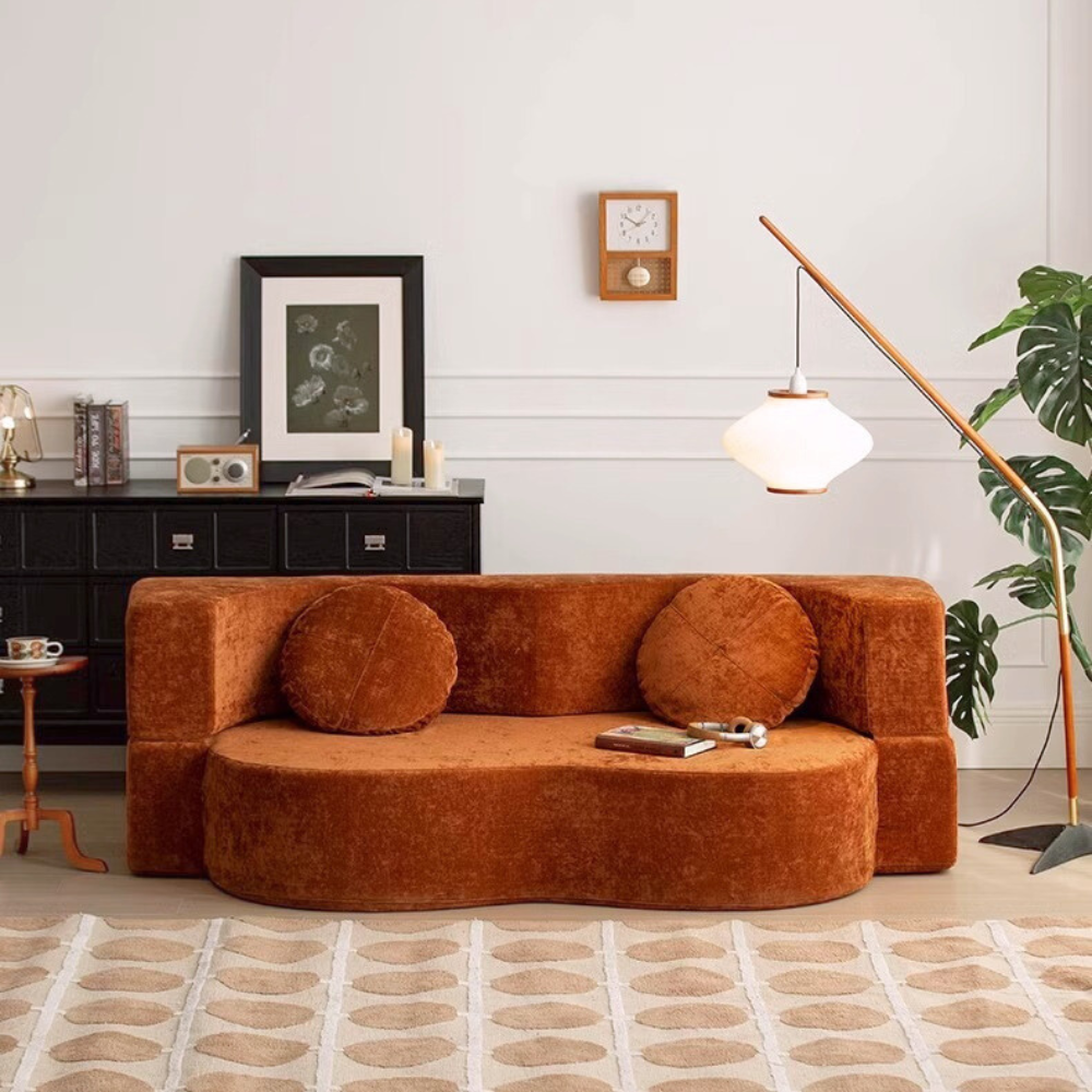 Teddy velvet compressed sofa bed—multifunctional modular sofa bed in brown velvet, deep‑seating, space‑saving, free color customization, 2025 furniture trend,