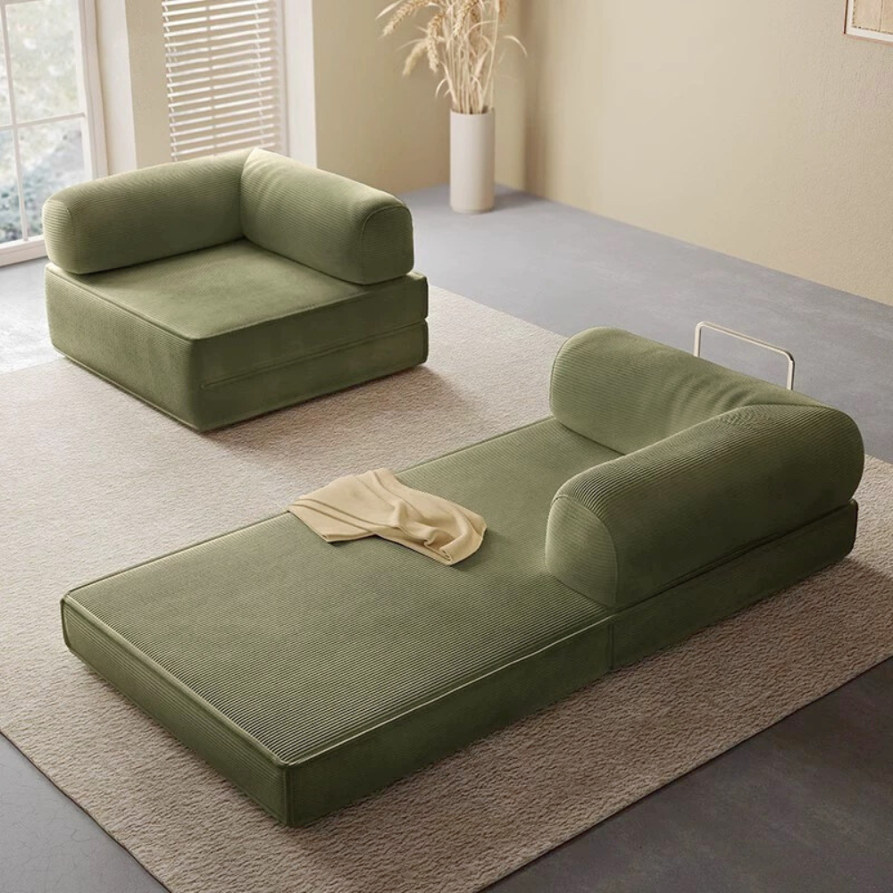 Compressed corduroy modular sofa bed in green, free color customization, deep seating sofa beds, space-saving modular couch, 2025 furniture trend.