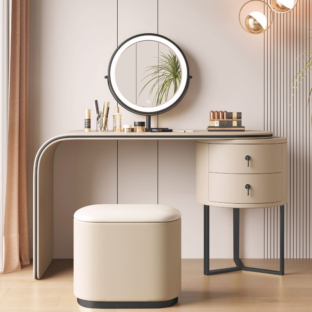 Modular lighted round mirror vanity with glowing LED ring, dual drawers, fabric-lined storage cabinet, and padded stool in elegant tones.