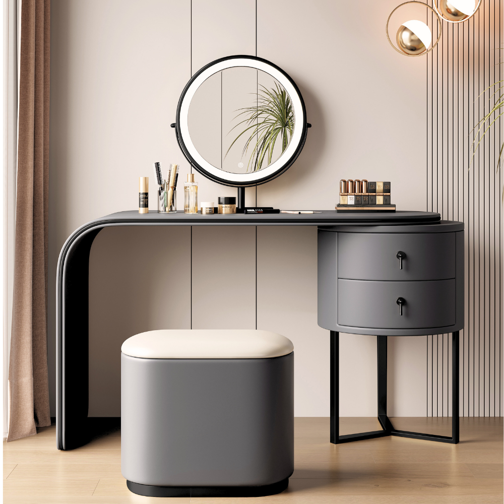 Modular lighted round mirror vanity with glowing LED ring, dual drawers, fabric-lined storage cabinet, and padded stool in elegant tones.