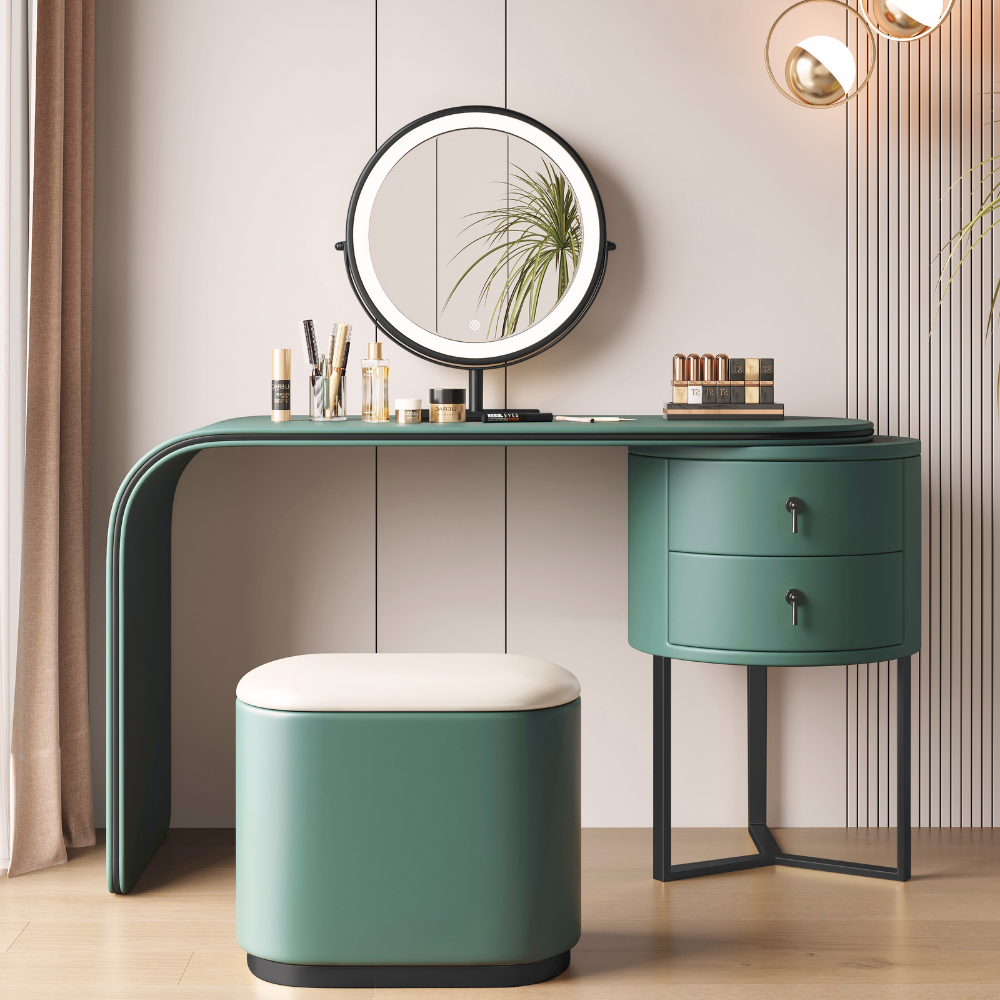 Modular lighted round mirror vanity with glowing LED ring, dual drawers, fabric-lined storage cabinet, and padded stool in elegant tones.