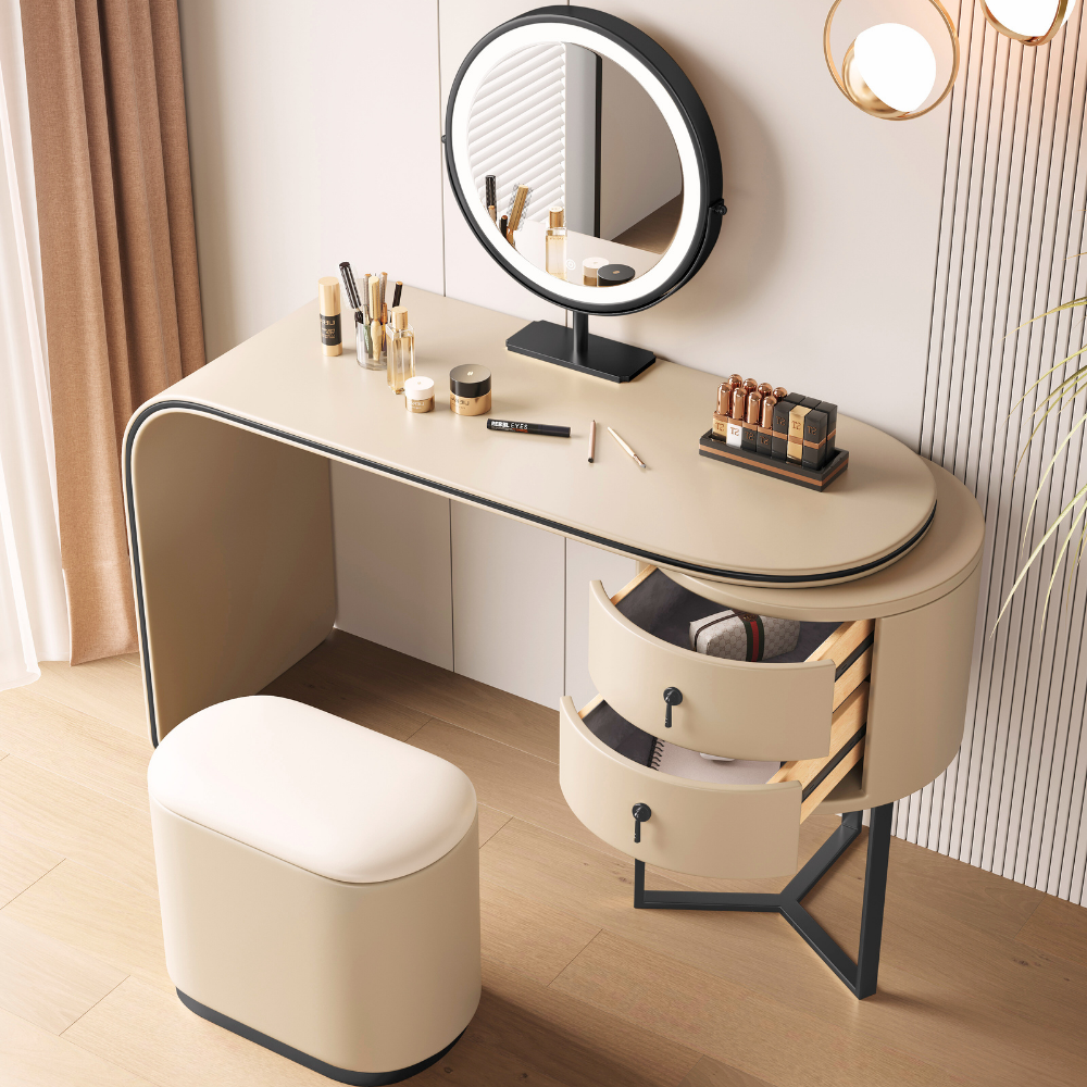 Modular lighted round mirror vanity with glowing LED ring, dual drawers, fabric-lined storage cabinet, and padded stool in elegant tones.