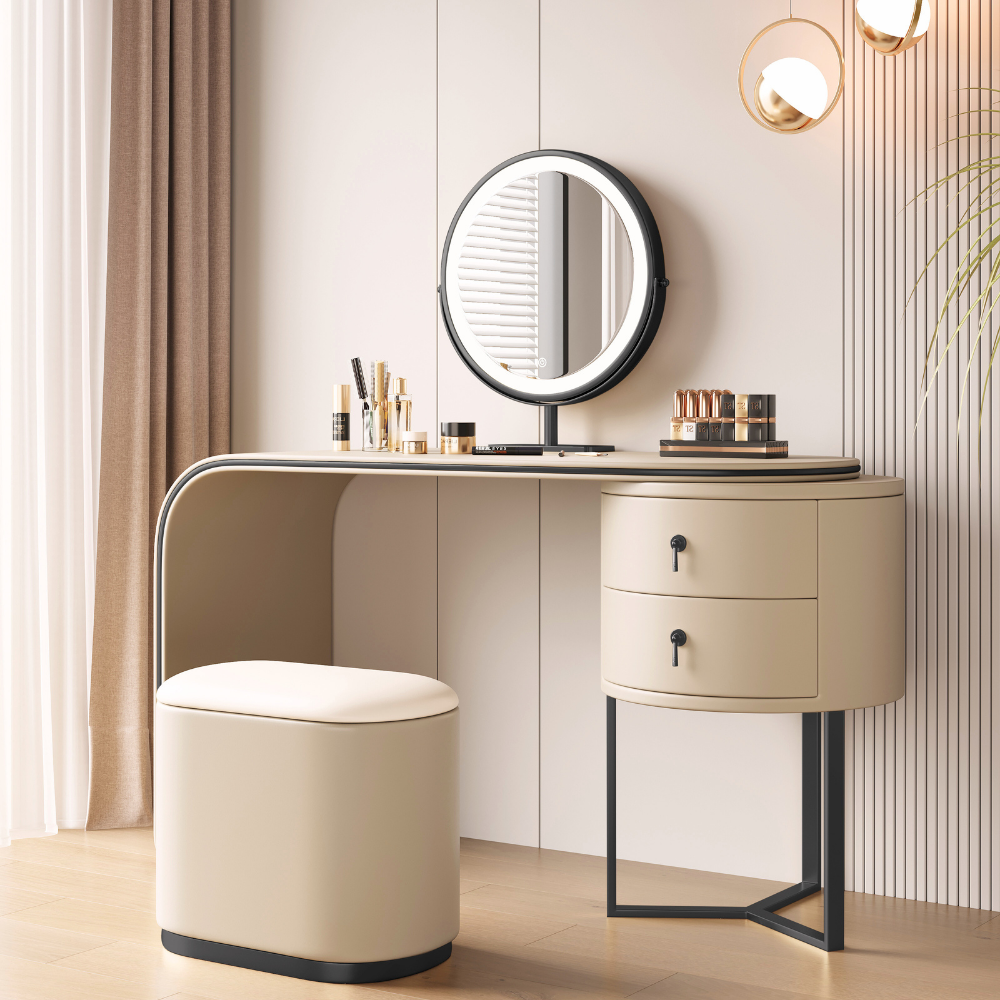 Modular lighted round mirror vanity with glowing LED ring, dual drawers, fabric-lined storage cabinet, and padded stool in elegant tones.