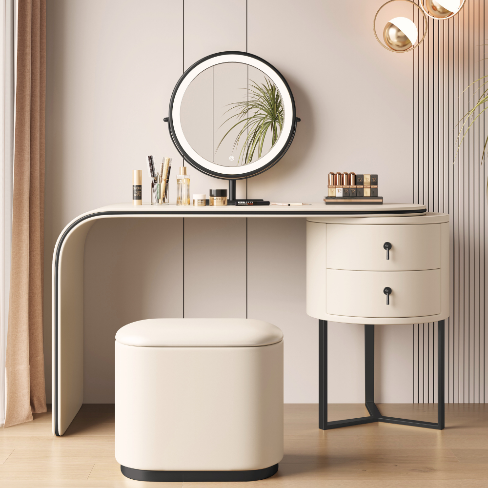 Modular lighted round mirror vanity with glowing LED ring, dual drawers, fabric-lined storage cabinet, and padded stool in elegant tones.