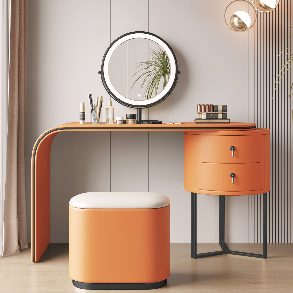 Modular lighted round mirror vanity with glowing LED ring, dual drawers, fabric-lined storage cabinet, and padded stool in elegant tones.