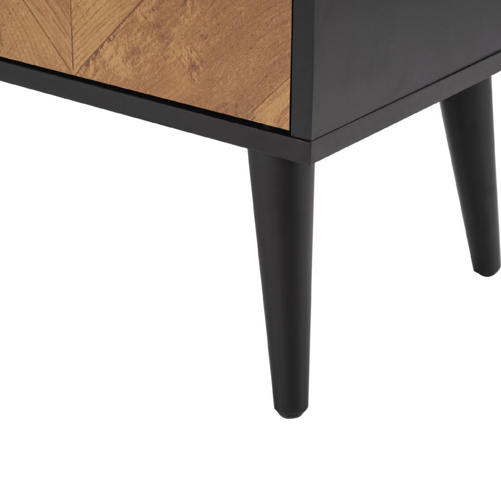 Modern black and wood herringbone storage cabinet with double doors for entryway or kitchen organization.
