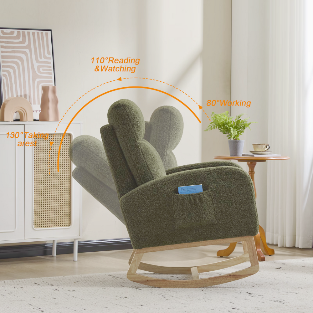 High‑back teddy fabric rocking chair with solid wood base and side pocket, ideal for nursery, reading or relaxing.