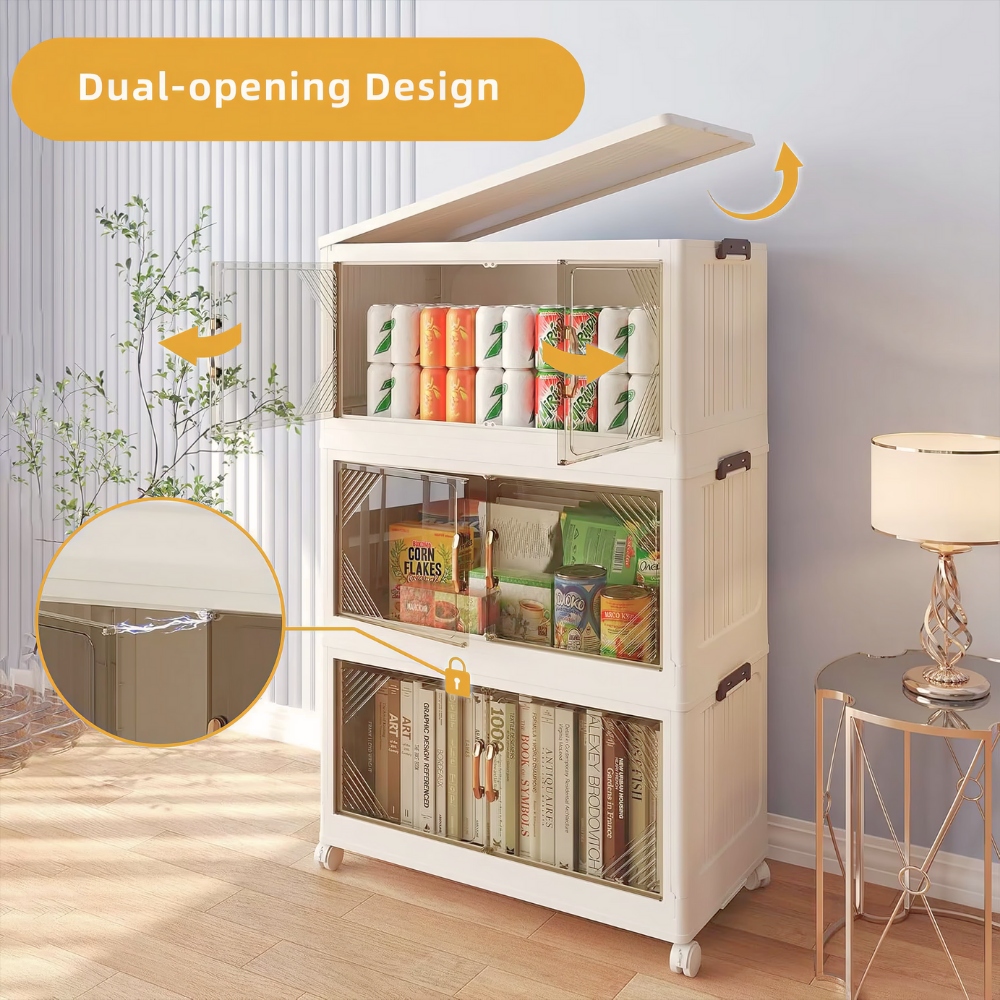 Foldable polypropylene storage box with clear swing doors, 3‑tier 21.6‑inch wide mobile organizer on wheels for clothes, toys or kitchen essentials.