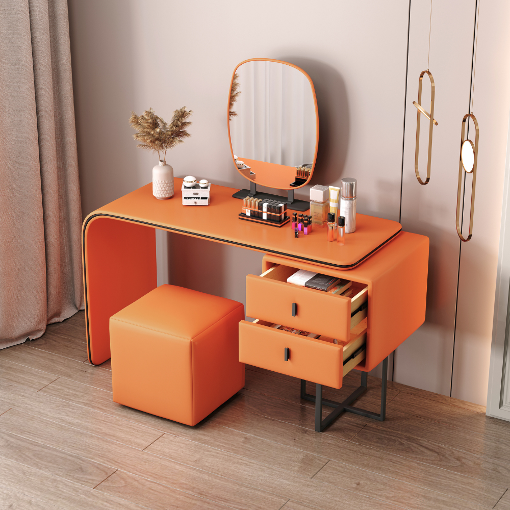 Elegant handleless oval mirror vanity dressing table with soft tones and curved edges, available in multiple sizes and colors for bedroom or closet.