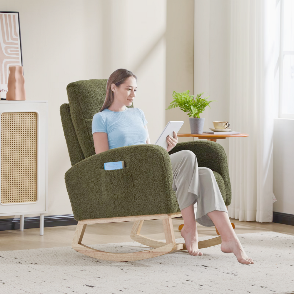 High‑back teddy fabric rocking chair with solid wood base and side pocket, ideal for nursery, reading or relaxing.