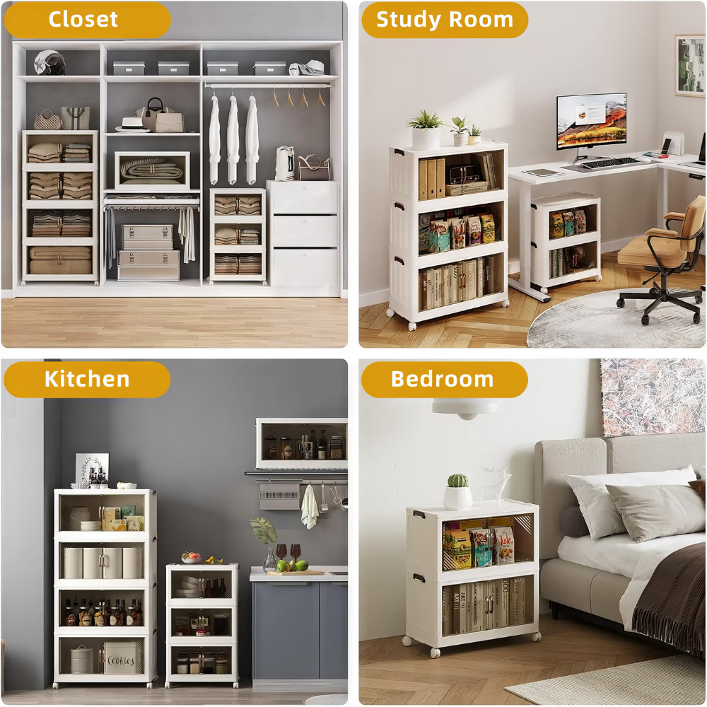 Foldable polypropylene storage box with clear swing doors, 3‑tier 21.6‑inch wide mobile organizer on wheels for clothes, toys or kitchen essentials.