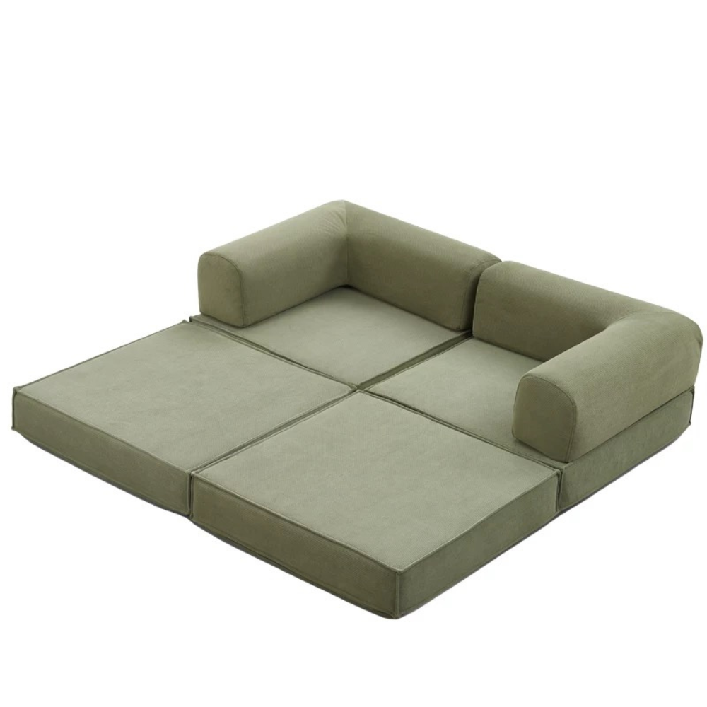 Compressed corduroy modular sofa bed in green, free color customization, deep seating sofa beds, space-saving modular couch, 2025 furniture trend.