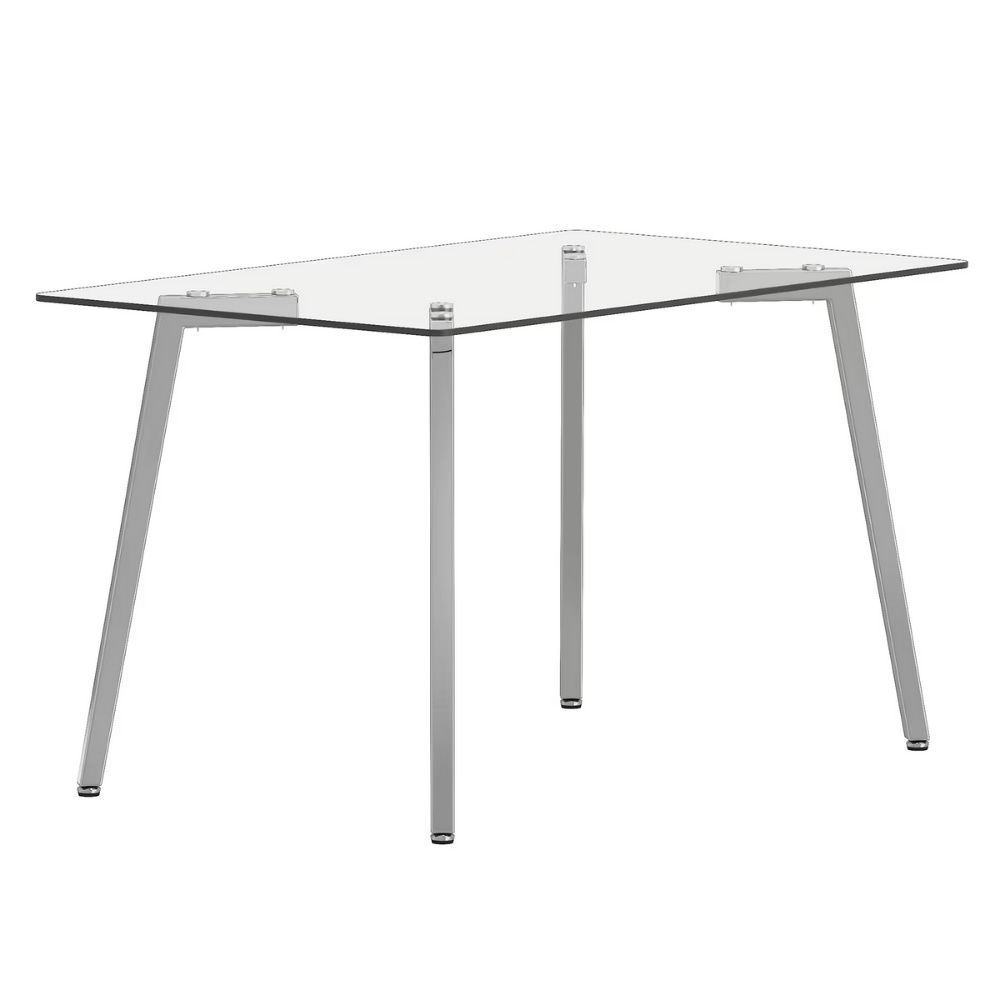 Modern glass dining table with clear tempered top and Z‑shaped metal legs in silver or gold, sleek minimalist design, easy clean, space‑saving.