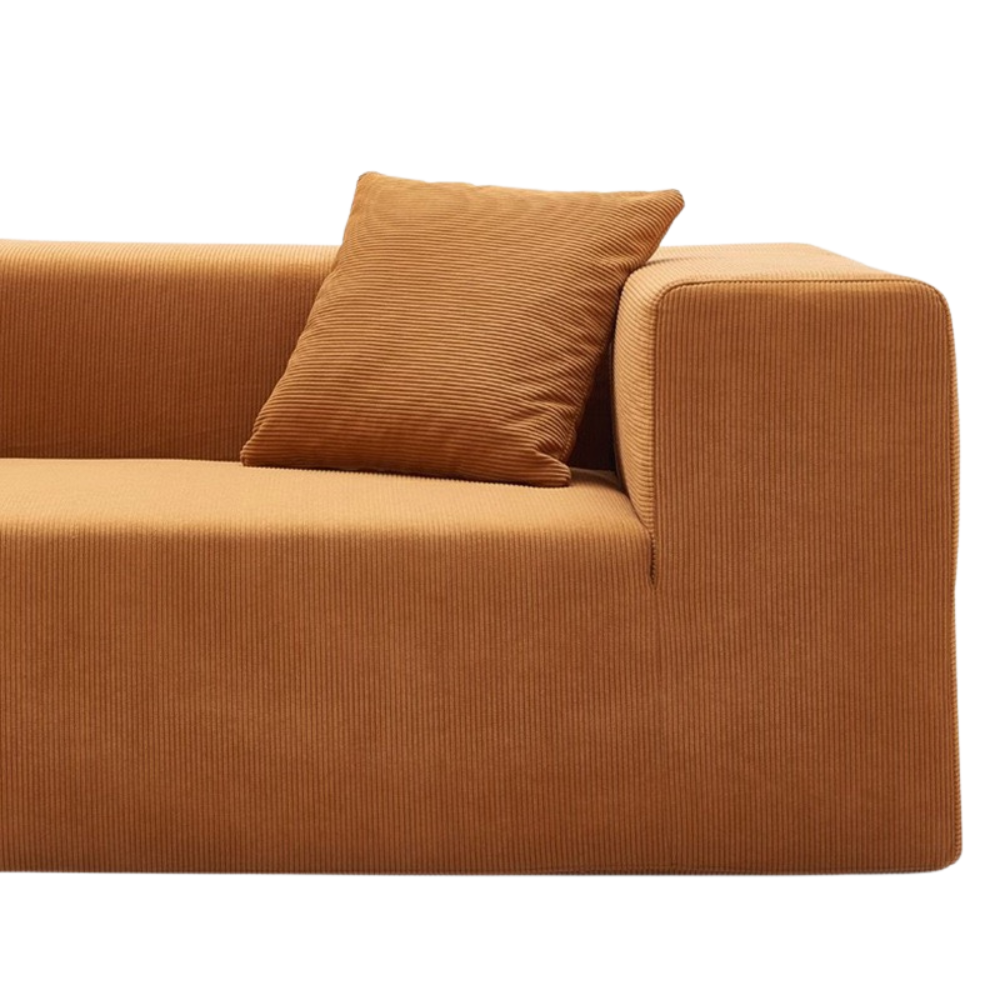 Fully Compressed Large Sofa modular sectional in corduroy or linen, earthy tone, modern minimalist design, deep seating, versatile layout, close-up of texture and stitching