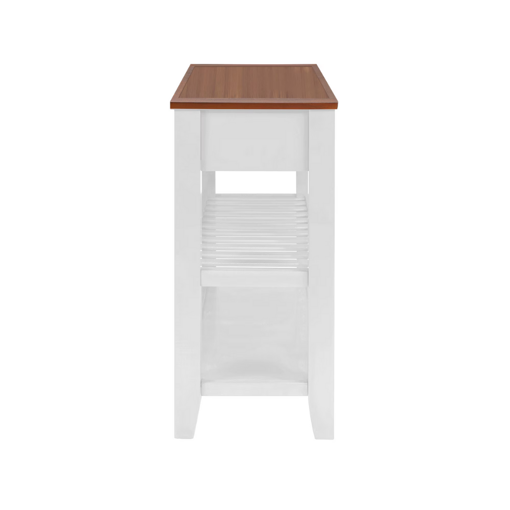 Retro pine console table—vintage charm with two drawers and open shelves. Solid pine/plywood, entryway-friendly, storage-savvy, easy assembly.
