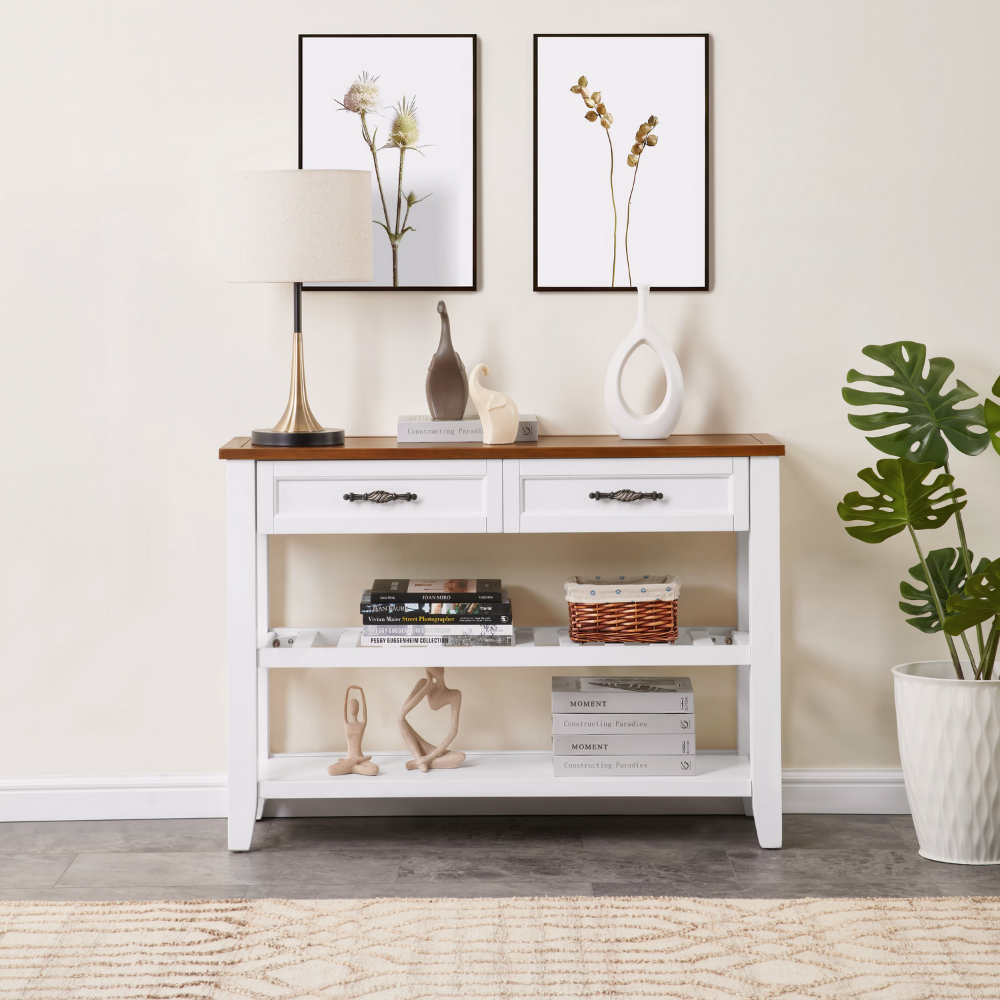 Retro pine console table—vintage charm with two drawers and open shelves. Solid pine/plywood, entryway-friendly, storage-savvy, easy assembly.