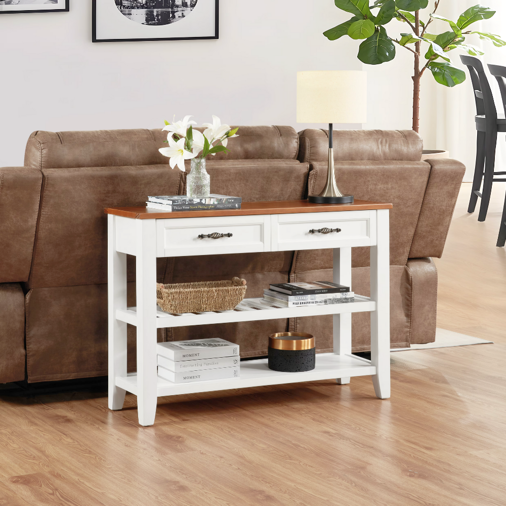 Retro pine console table—vintage charm with two drawers and open shelves. Solid pine/plywood, entryway-friendly, storage-savvy, easy assembly.