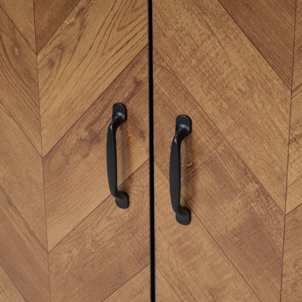 Modern black and wood herringbone storage cabinet with double doors for entryway or kitchen organization.