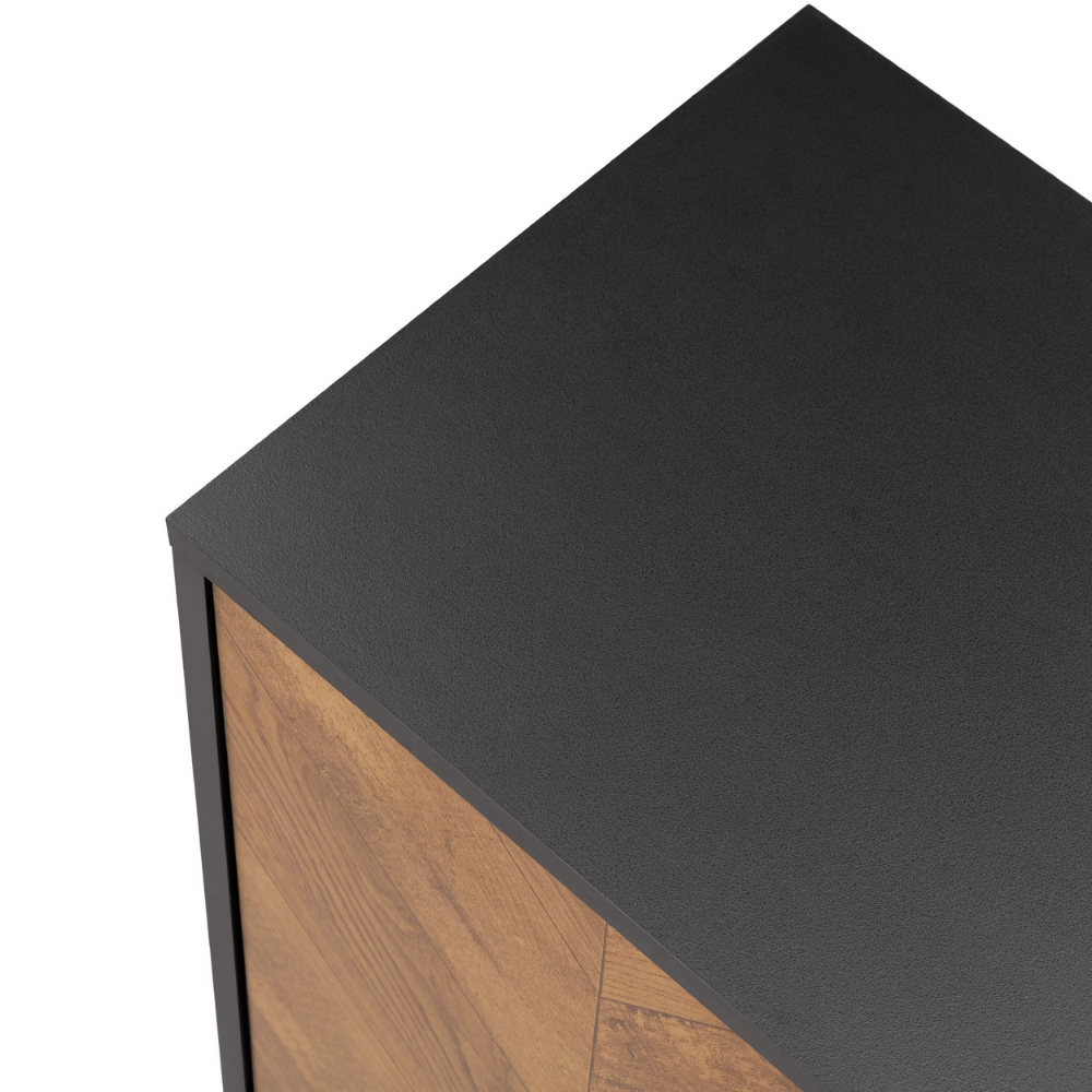 Modern black and wood herringbone storage cabinet with double doors for entryway or kitchen organization.