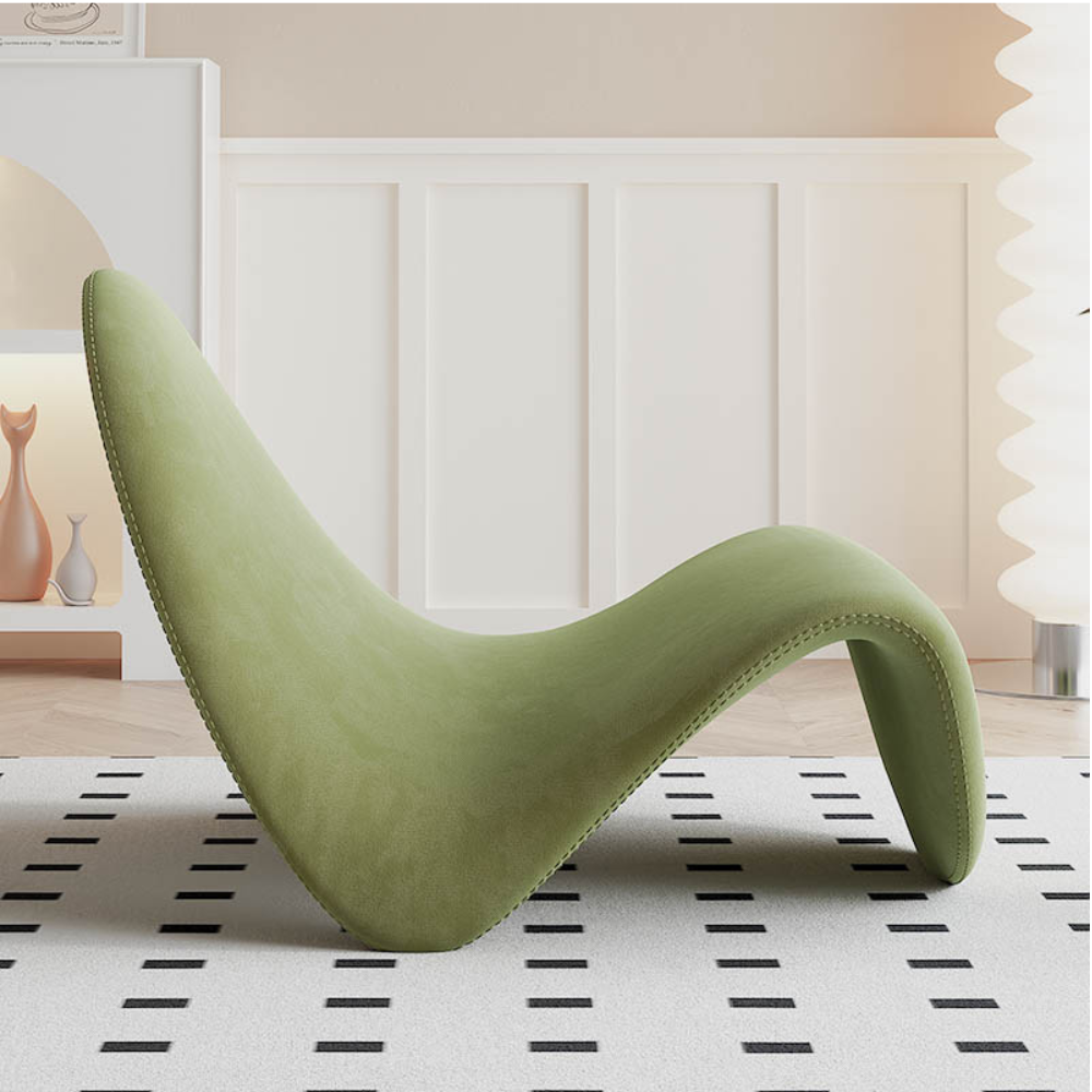 Homiyu sculptural wave lounge chair with soft sherpa or suede upholstery, modern curved silhouette as a statement art piece in living space.