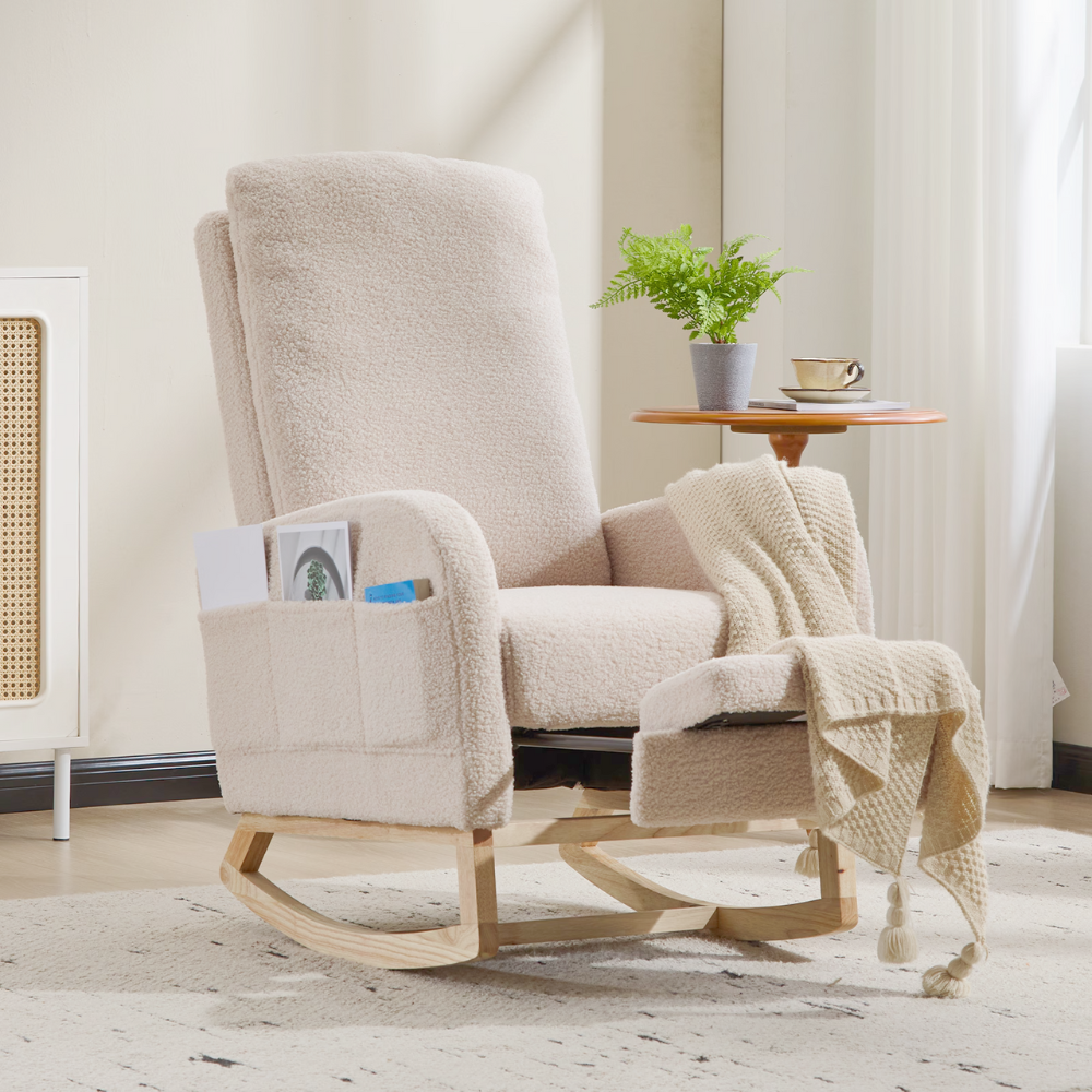 High‑back teddy fabric rocking chair with solid wood base and side pocket, ideal for nursery, reading or relaxing.
